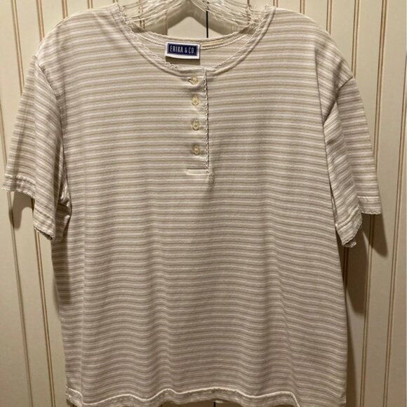 White & Beige Striped SS T-Shirt Medium - Picture 1 of 8